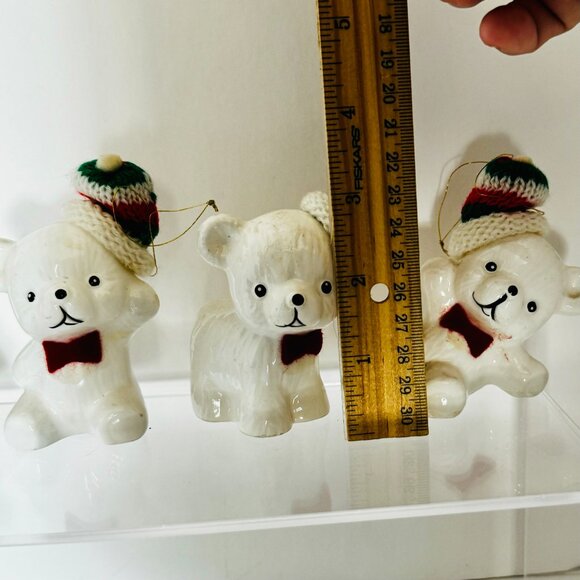 Vtg Snow Bear Ornaments 4 Porcelain Bears Knit Hats Bows Christmas Around the - Picture 13 of 16